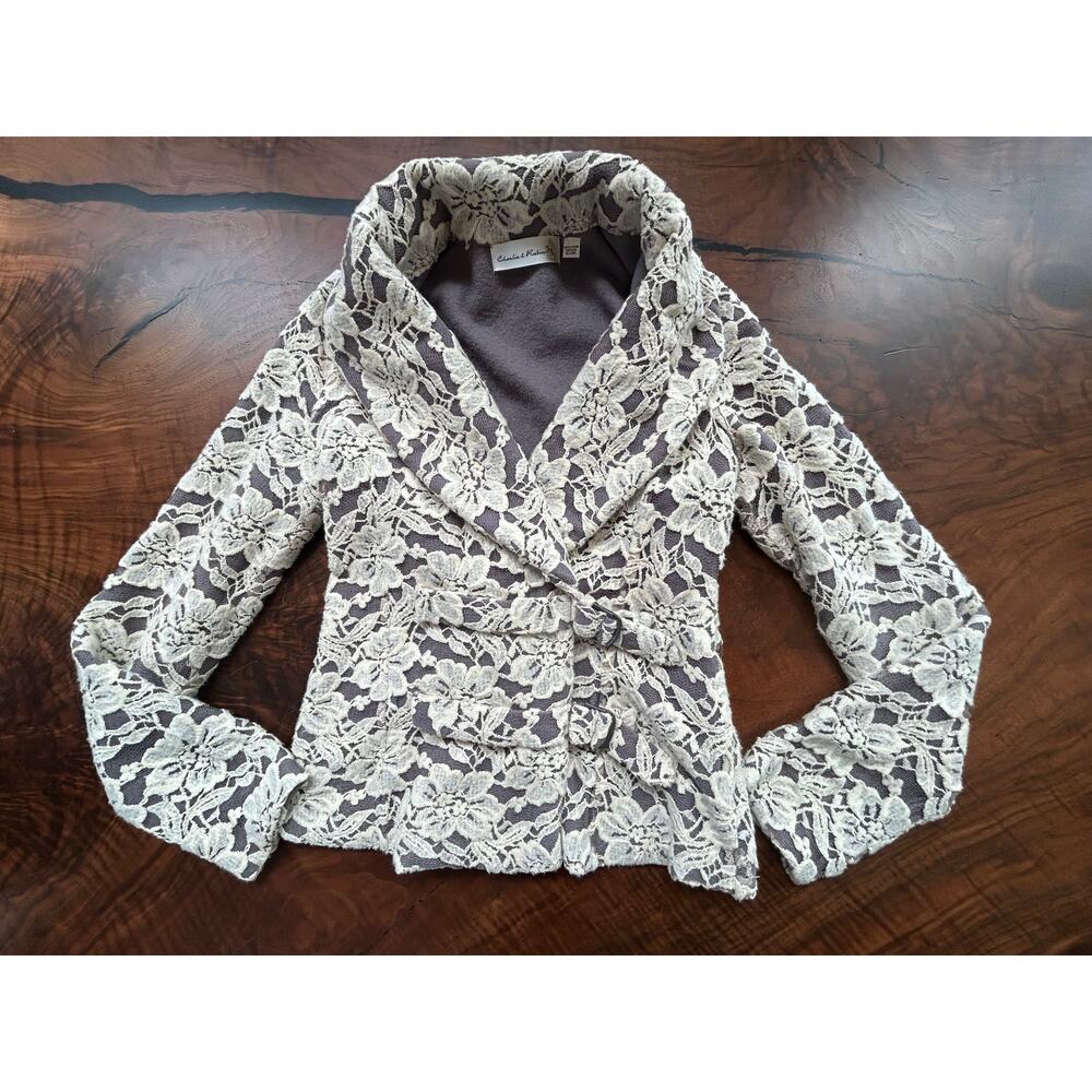Charlie & Robin Anthropologie Wool Lace Blazer Grey Ivory Size XS